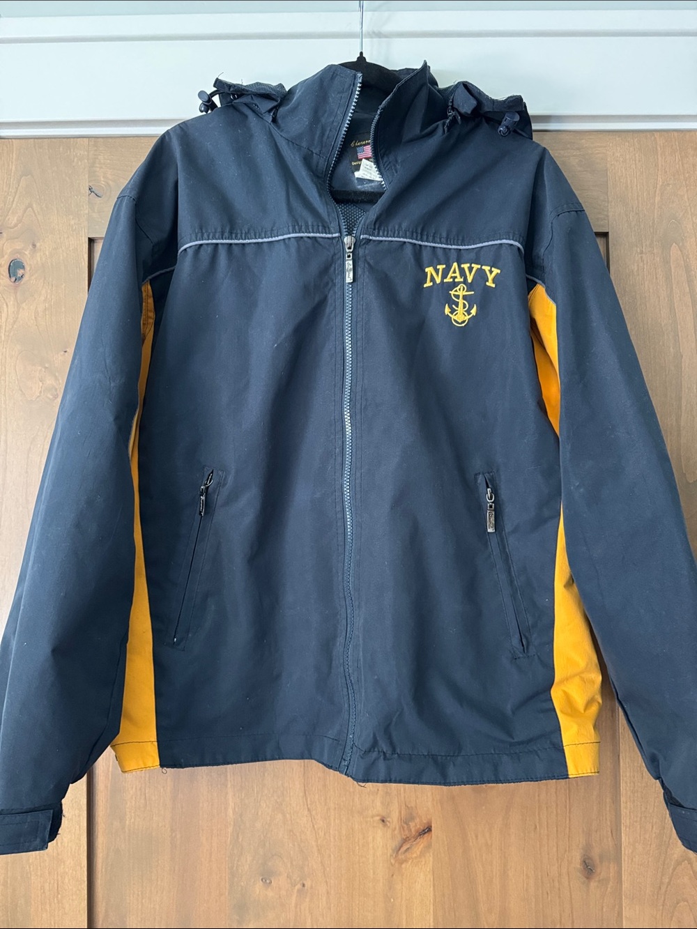 Cheneral Vintage 90's Navy graphic Blue Yellow Rain Jacket Mens M Hood outerwear